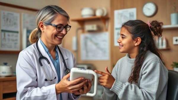 Young patient discussing Cystic Fibrosis medication assistance with a doctor.