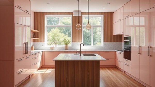 Modern kitchen with pastel pink cabinets and bright paint colors for home.