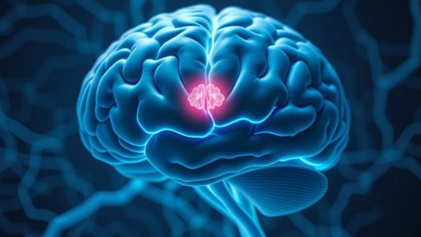 Digital illustration of brain with highlighted pituitary gland, radiotherapy concept.