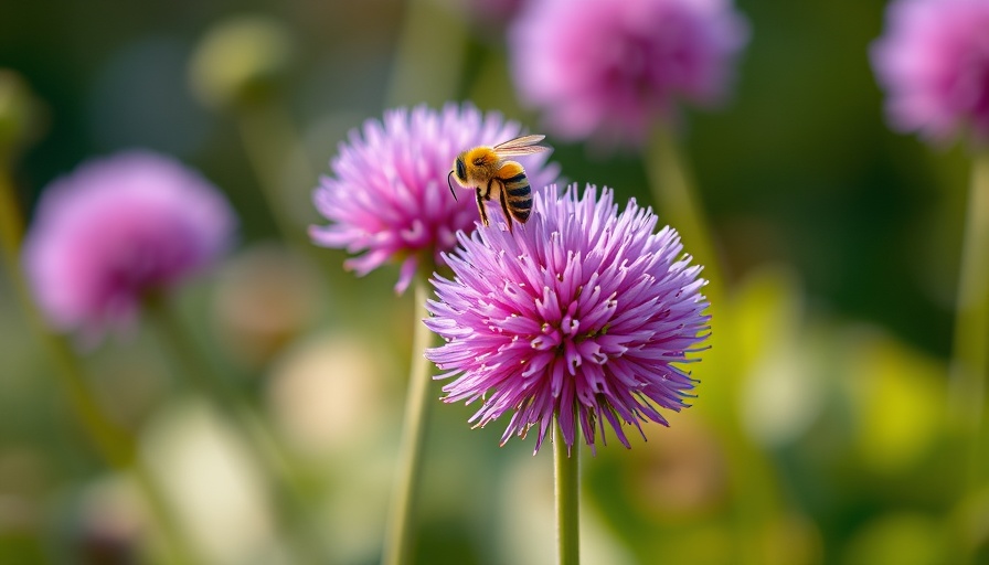 Summer of Simplicity: Bee on vibrant purple globe flowers in garden.