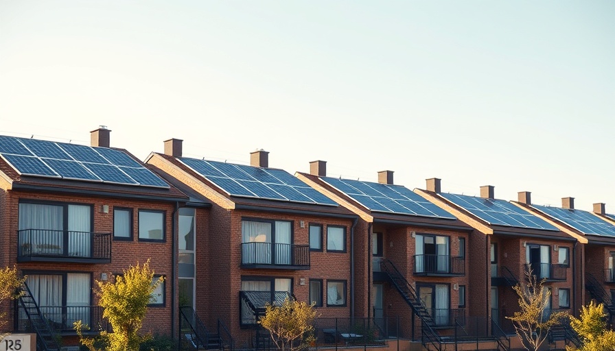 Modern low-income housing with solar panels highlighting energy savings.