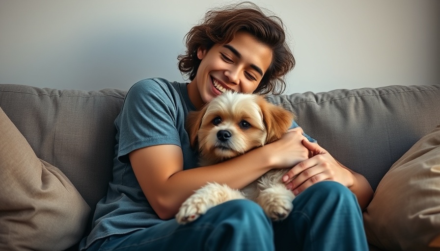 Pet cuddles enhance emotional well-being, young adult with fluffy dog indoors.