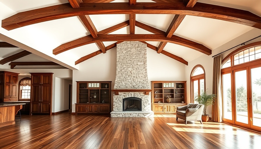 Elegant ranch house makeover with beams and fireplace.