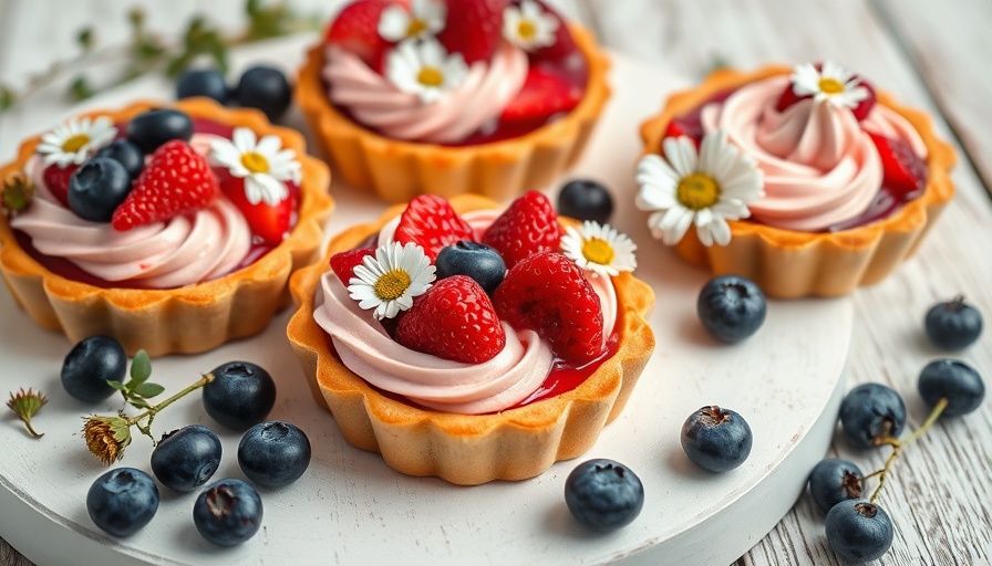 Wild blueberry and Saskatoon berry tarts on rustic board.