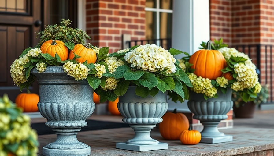 Charming fall planter with pumpkins and foliage on porch.