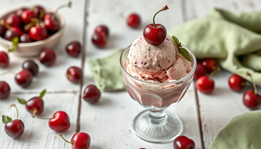 No-Churn Cherry and Star Anise Cottage Cheese Ice Cream in a glass with fresh cherries.