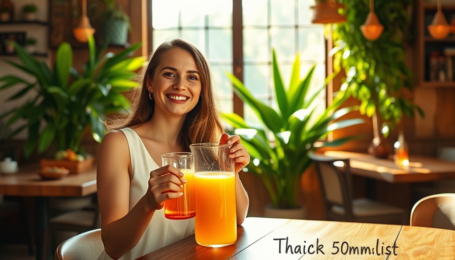 Woman showcasing juicing benefits and recipes in a sunny kitchen