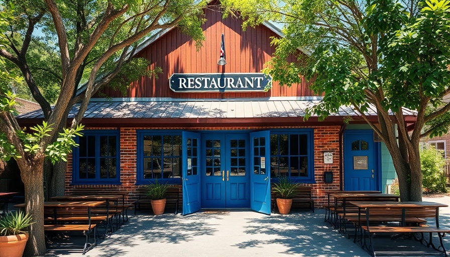 Charming rustic restaurant exterior surrounded by trees.