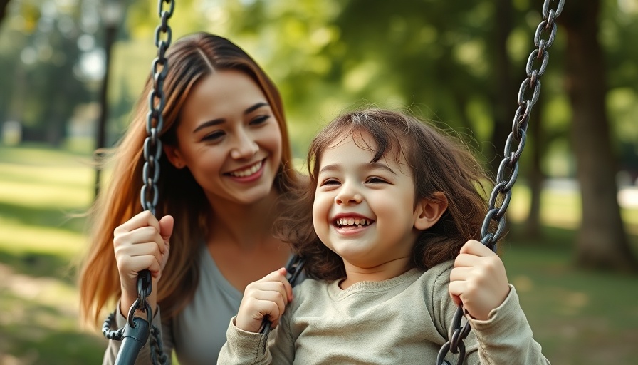 Joyful family outdoor activity with mother and daughter on swing.