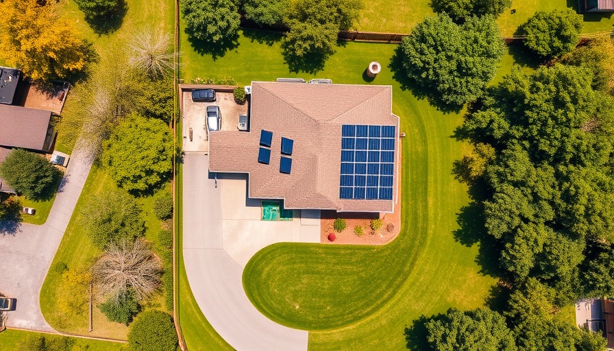 Aerial view of house with solar panels, reducing permitting time.