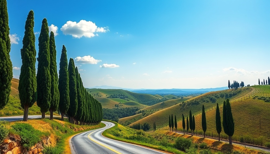 Scenic Tuscany road trip through rolling hills with cypress trees.