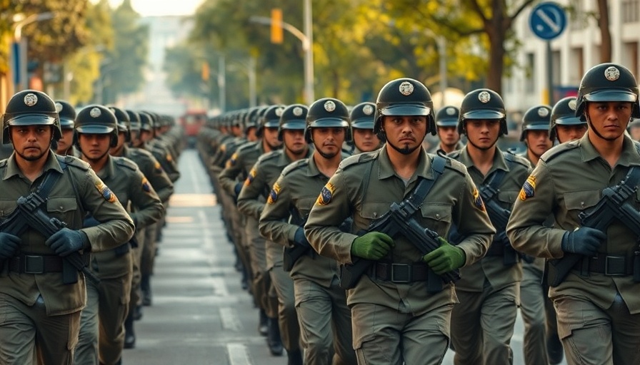 Soldiers marching in unison, symbolic of discipline and training.