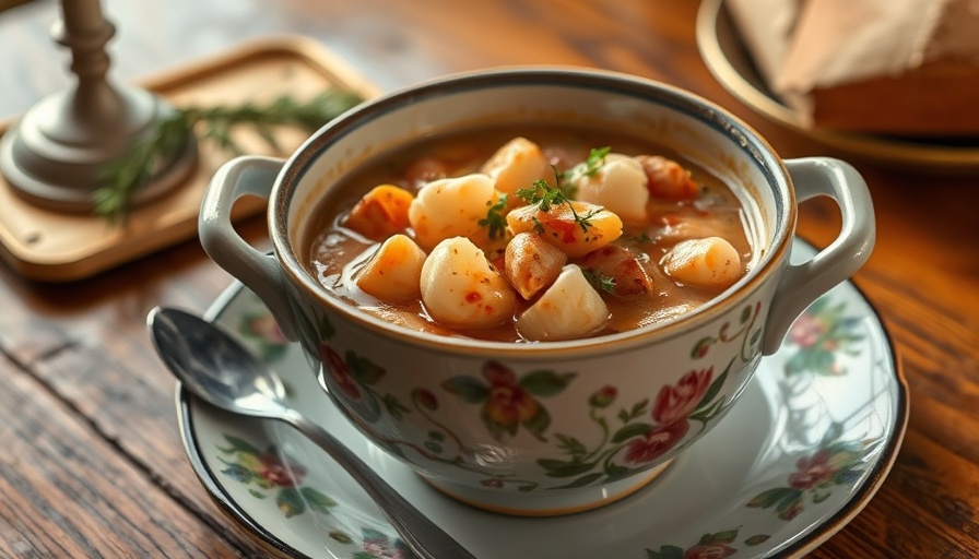 Crockpot seafood chowder recipe served in floral bowl on table.
