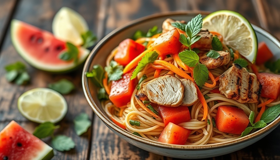 Vibrant Thai-inspired chicken noodle watermelon salad in a green bowl.