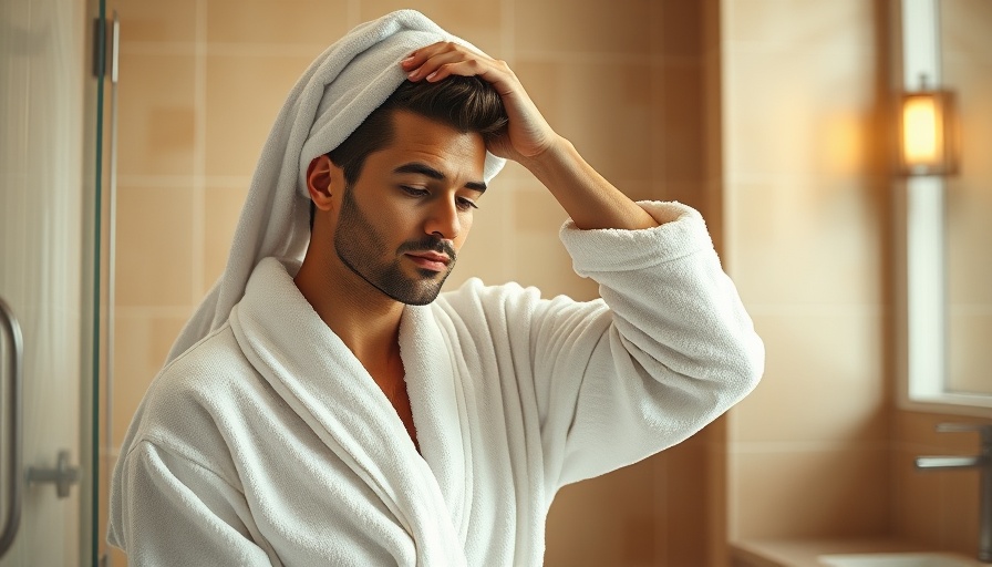 Person adjusting towel in elegant bathroom, relating to Desert Island Beauty Products.