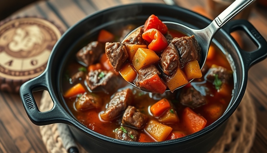 Hearty beef stew in a Dutch oven with vegetables.