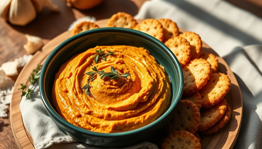 Roasted garlic and sweet potato hummus with crackers in a green bowl.
