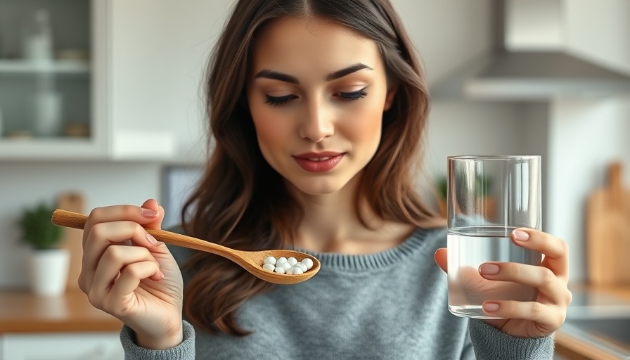 Young woman with magnesium glycinate and water for health benefits.