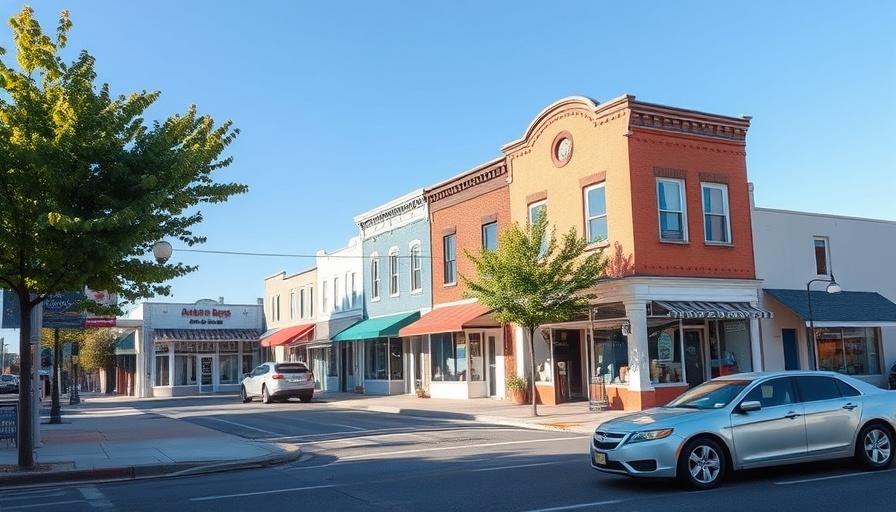Charming street in a slow-paced Georgia town with pastel storefronts.