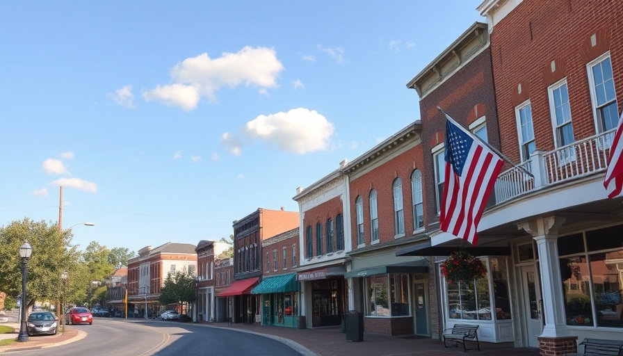 Small town in Georgia with historic buildings and flags.