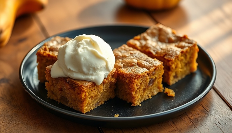 Gooey spiced squash blondies with ice cream on a plate.
