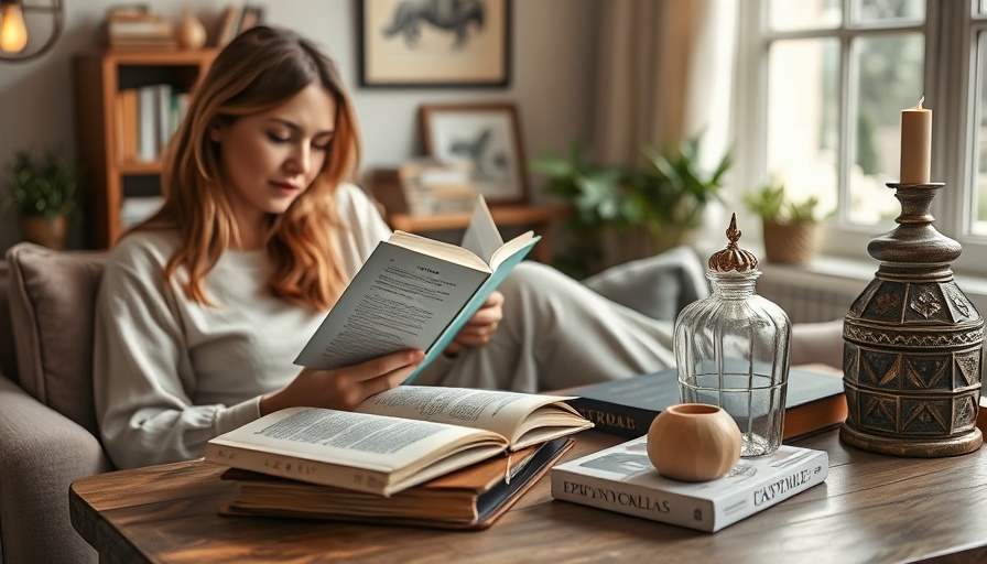 Woman reading epic novels in cozy room.