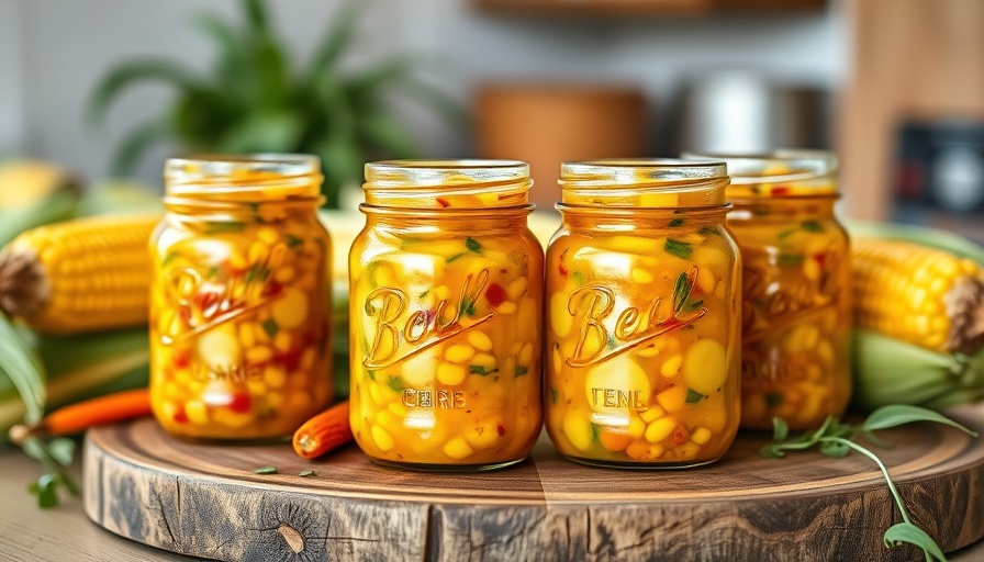 Jars of corn and pepper relish on a wooden board with corn cobs.