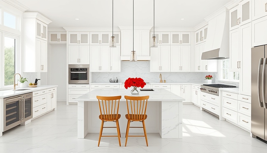 Modern kitchen after 1970s remodel with white cabinets and marble counters.
