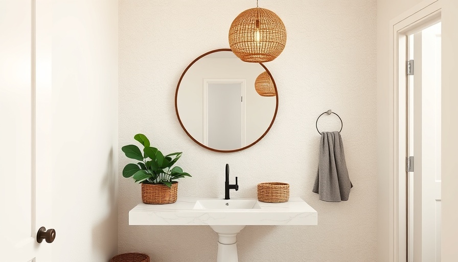 Elegant powder bath design with round mirror and marble countertop.