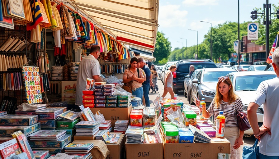 Colorful Georgia flea market stall with shoppers and goods.