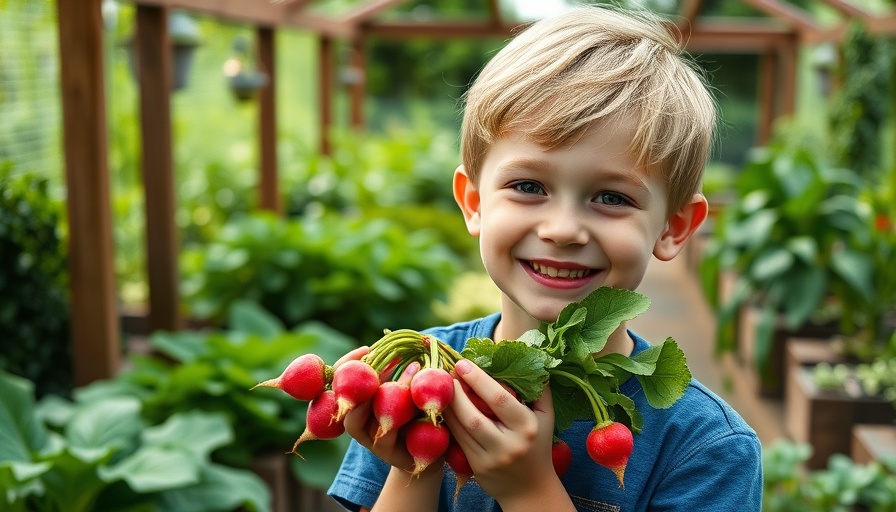 Boy enjoying garden harvest, promoting healthy oral health for kids.