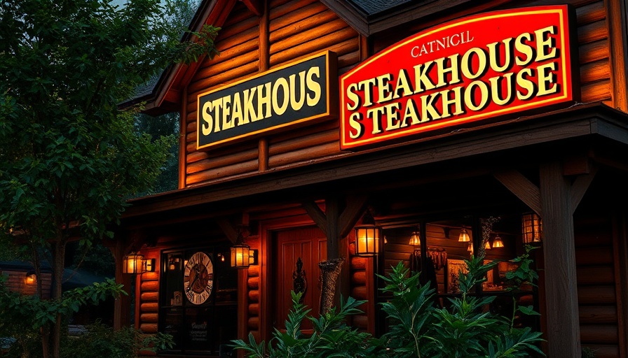 Rustic steakhouse exterior in Georgia with inviting lighting