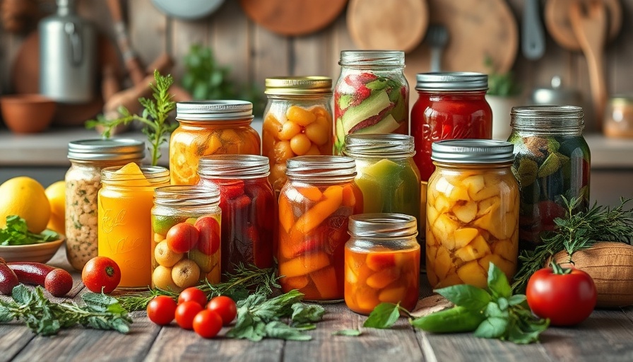 Home food preservation scene with jars and fresh herbs on rustic table.