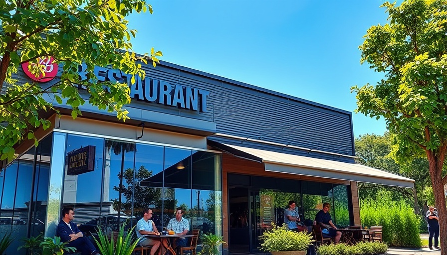 Exterior of a Georgia tofu scramble restaurant with seating and greenery.