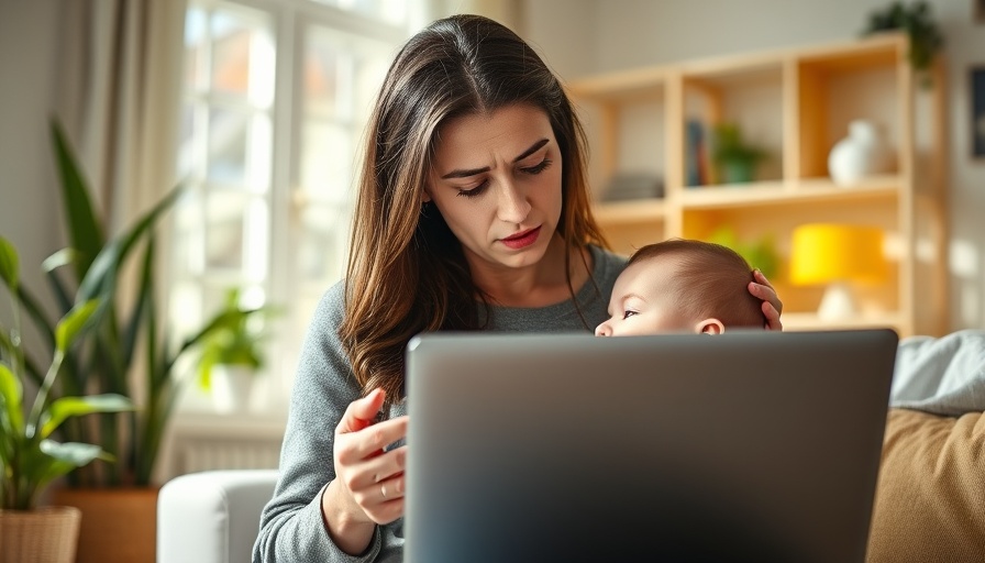 Stay-at-home mom multitasking with baby and laptop, financial challenges.