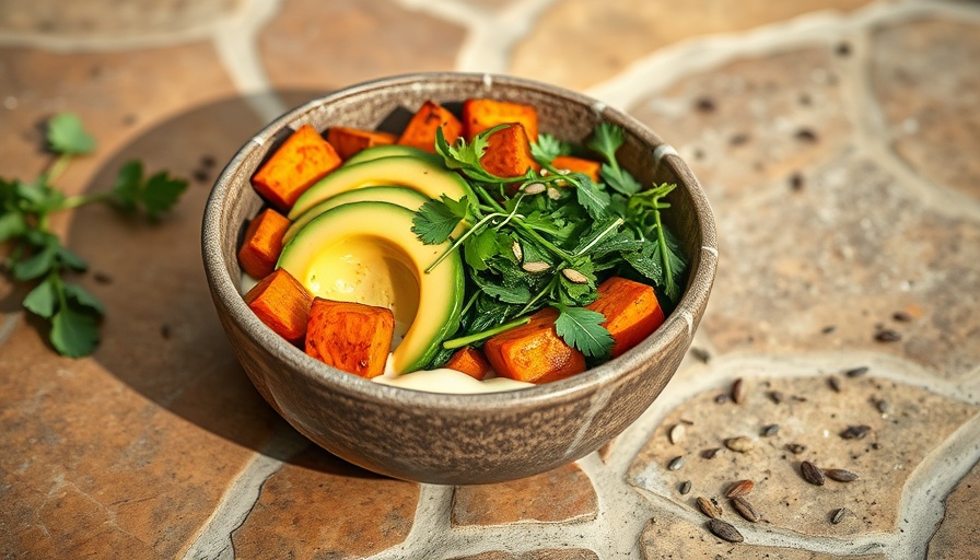 Delicious sweet potato bowl with avocado and greens on a rustic background.