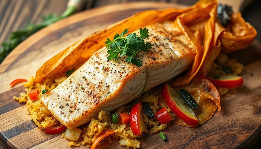 Salmon en papillote recipe with herbs on a wooden board.
