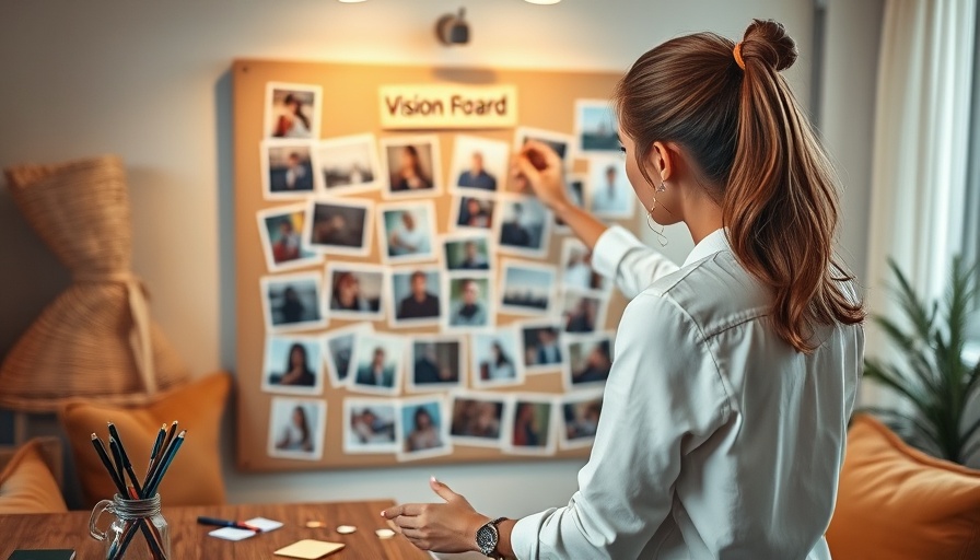 Young woman arranging a vision board in a cozy setting.