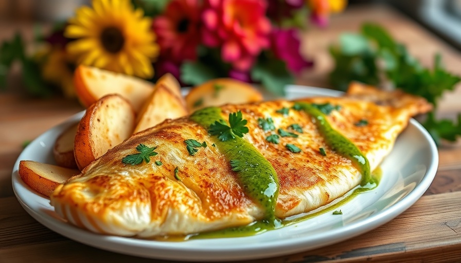 Pan-fried lake perch with parsley sauce and potatoes on a plate.