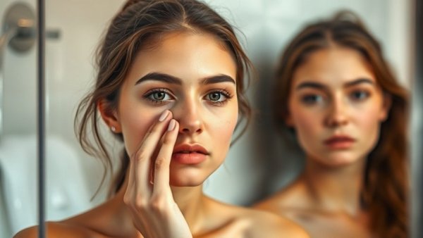 Woman examines nose, highlighting liquid rhinoplasty safety.