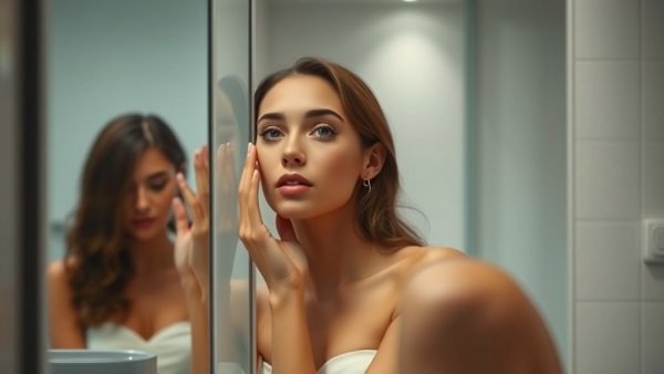 Young woman explores non-surgical rhinoplasty safety in a mirror moment.