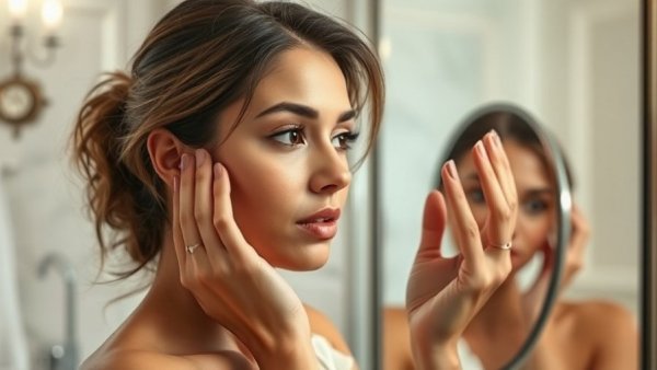 Attractive woman examining nose for non-surgical rhinoplasty safety.