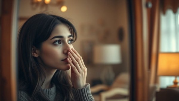 Woman examining nose in mirror for liquid rhinoplasty safety review.