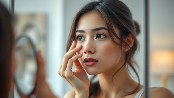 Woman assessing her nose in mirror focusing on liquid rhinoplasty safety.