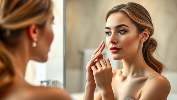 Elegant woman considering non-surgical rhinoplasty reflecting in mirror