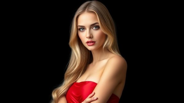Confident blonde woman in red dress posing against black background.