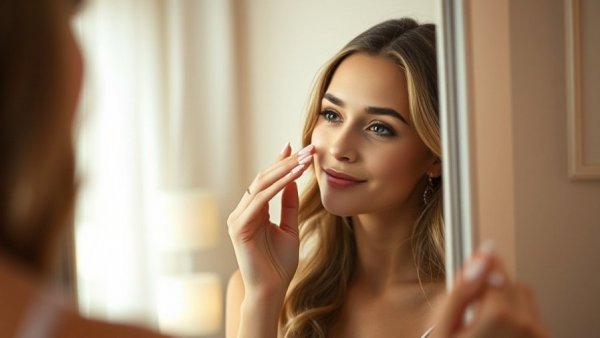 Young woman examining her nose in the mirror, highlighting non-surgical rhinoplasty safety.