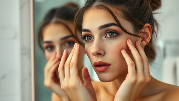Woman considering liquid rhinoplasty safety in bathroom mirror
