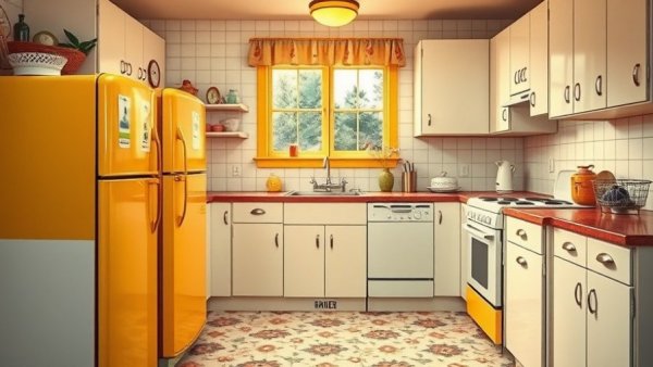 1960s kitchen trends with retro yellow appliances and white cabinets.