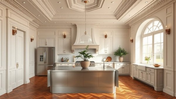 Luxury kitchen design with metallic island and elegant decor.